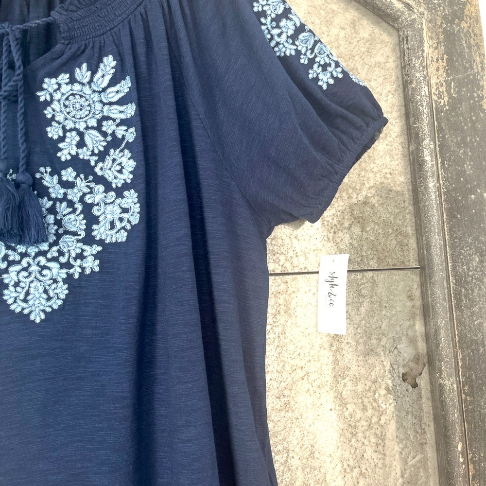 Style & Co. Dark Blue Blouse with Light Blue Embroidery - Picture 3 of 8